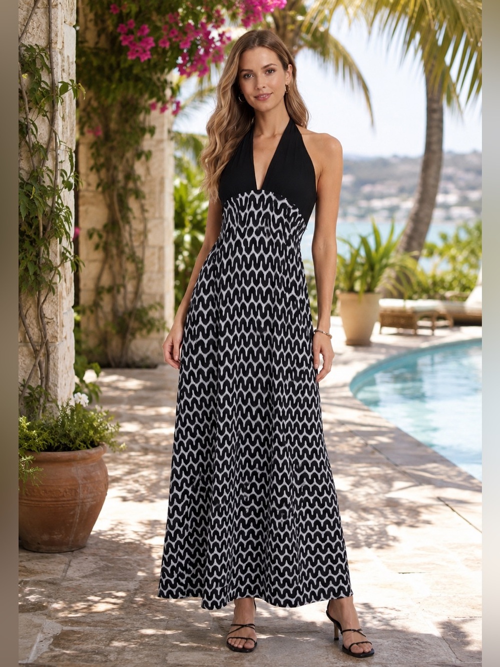 Spiaggia Dolce Black White Halter Maxi Dress XL Open Knit Beach Coverup
